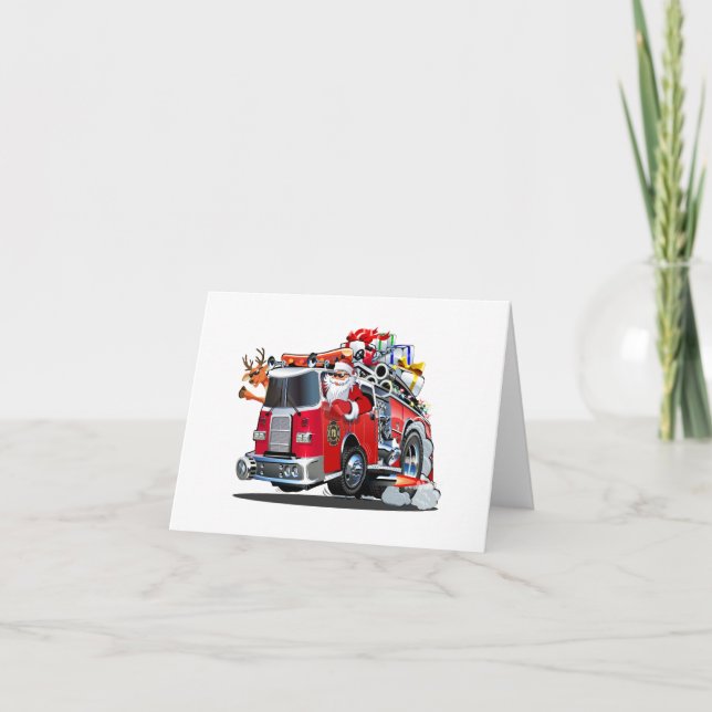 Cartoon Weihnachtsfeuerwagen Feiertagskarte (Vorderseite)