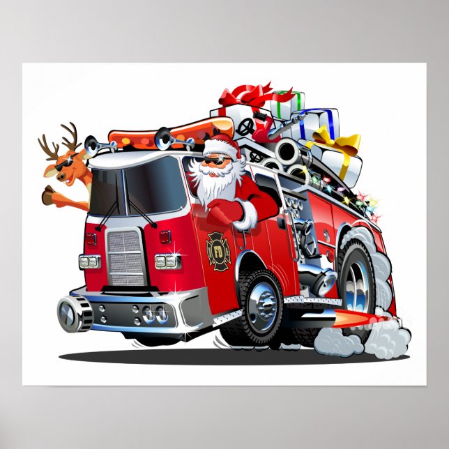 Cartoon Weihnachtsfeuerwagen Poster (Vorne)