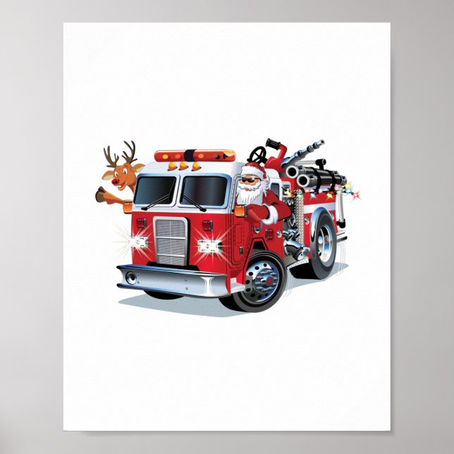 Cartoon Weihnachtsfeuerwagen Poster (Vorne)