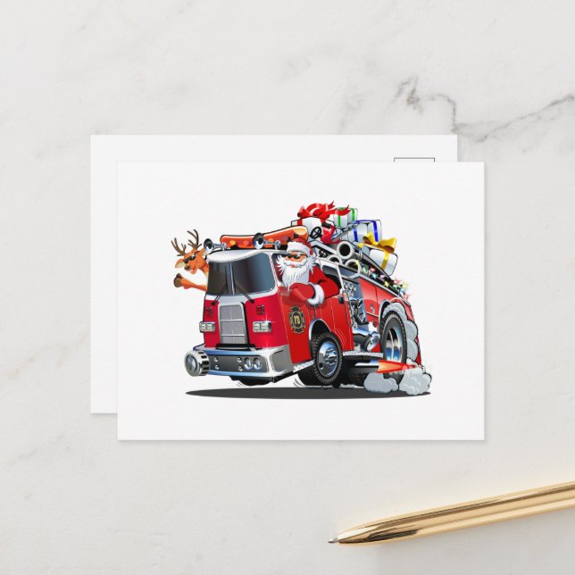 Cartoon Weihnachtsfeuerwagen Postkarte (Vorderseite/Rückseite Beispiel)