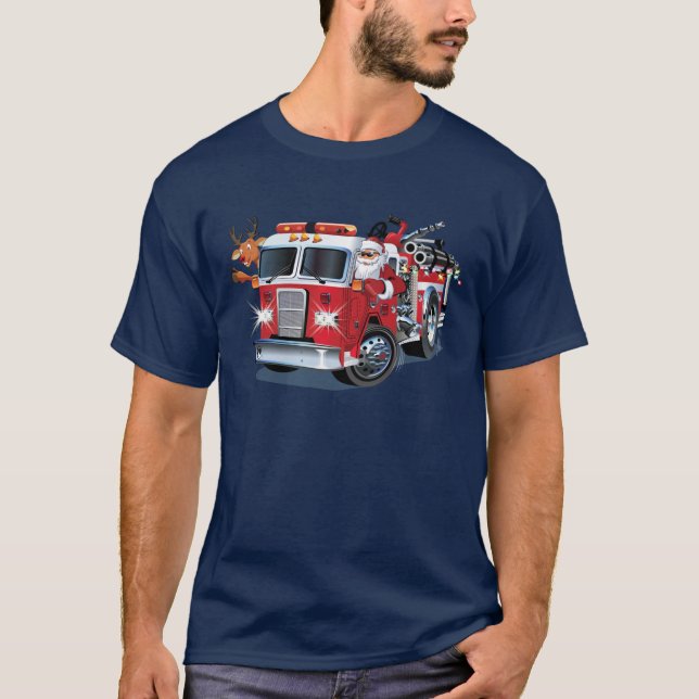 Cartoon Weihnachtsfeuerwagen T-Shirt (Vorderseite)
