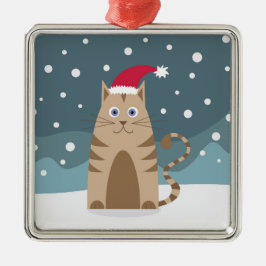 Cartoon-Weihnachtskatze mit Weihnachtsmannmütze im Ornament Aus Metall