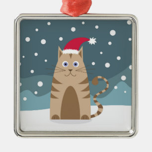 Cartoon-Weihnachtskatze mit Weihnachtsmannmütze im Ornament Aus Metall