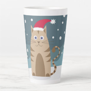 Cartoon-Weihnachtskatze mit Weihnachtsmannmütze in Milchtasse