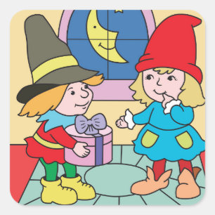 Cartoon Weihnachtszwerge und Geschenk Quadratischer Aufkleber