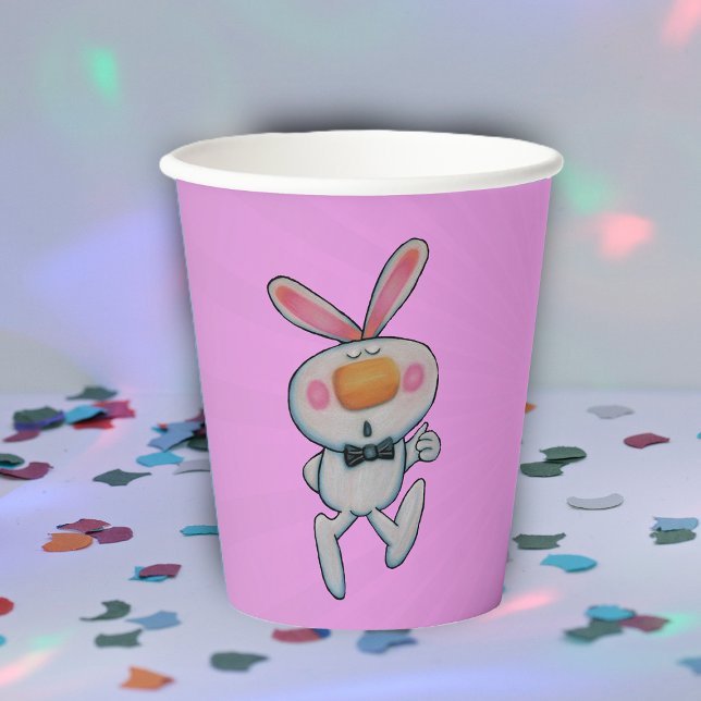 Cartoon Weißes Kaninchen wirbelt Orangefarbene Nas Pappbecher (Cartoon white bunny rabbit thumbs up sign on pink paper drinking party cups.)