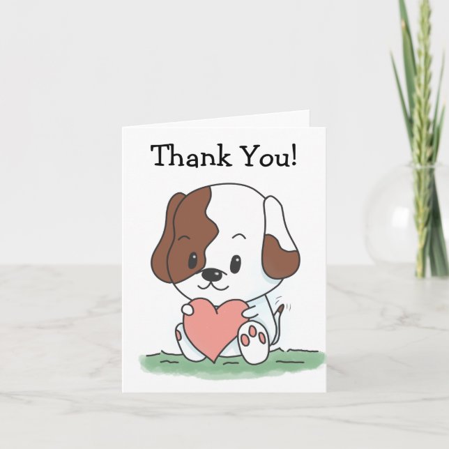 Cartoon Welpen Hund mit einem Herz Vielen Dank Dankeskarte (Vorderseite)