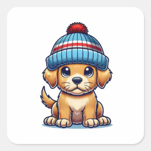 Cartoon Welppy Wear Beanie Hat Quadratischer Aufkleber