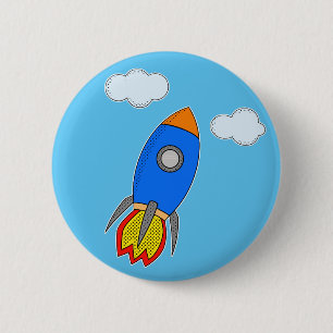 Cartoon-Weltraumrakete am blauen Himmel Button