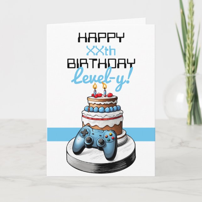 Cartoon White & Blue Gaming Controller Geburtstag Karte (Vorderseite)