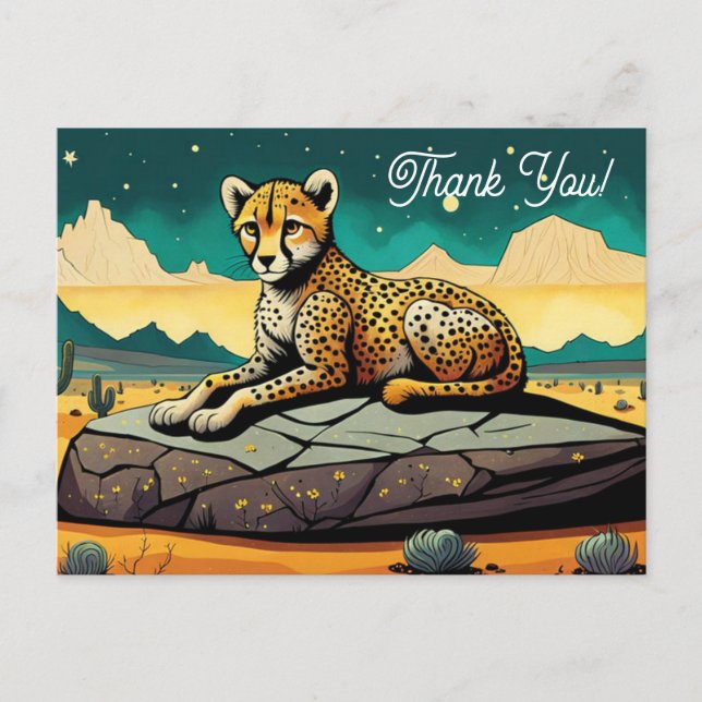 Cartoon Wild Leopard in der Wüste Vielen Dank Postkarte (Vorderseite)