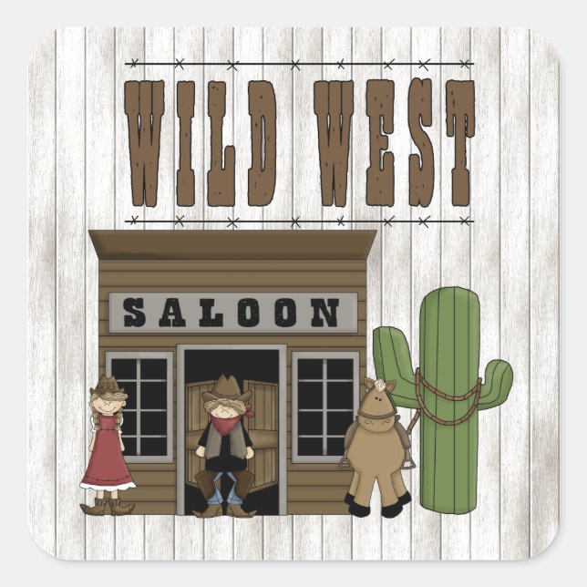Cartoon Wild Western Fun Saloon Quadratischer Aufkleber (Vorderseite)