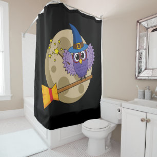 Cartoon Wizard Owl Flying on Broom Duschvorhang