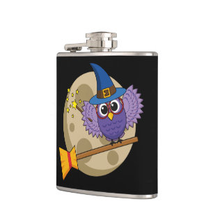 Cartoon Wizard Owl Flying on Broom Flachmann