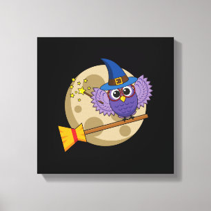 Cartoon Wizard Owl Flying on Broom Leinwanddruck