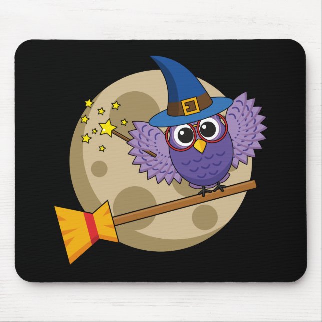 Cartoon Wizard Owl Flying on Broom Mousepad (Vorne)