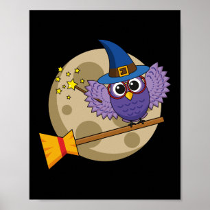 Cartoon Wizard Owl Flying on Broom Poster