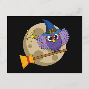 Cartoon Wizard Owl Flying on Broom Postkarte