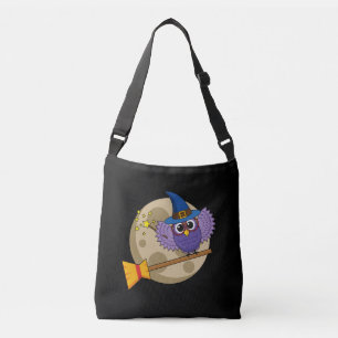 Cartoon Wizard Owl Flying on Broom Tragetaschen Mit Langen Trägern