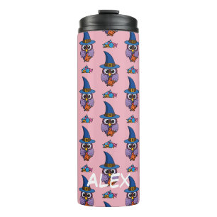 Cartoon Wizard Owl - Patter   Name hinzufügen Thermosbecher