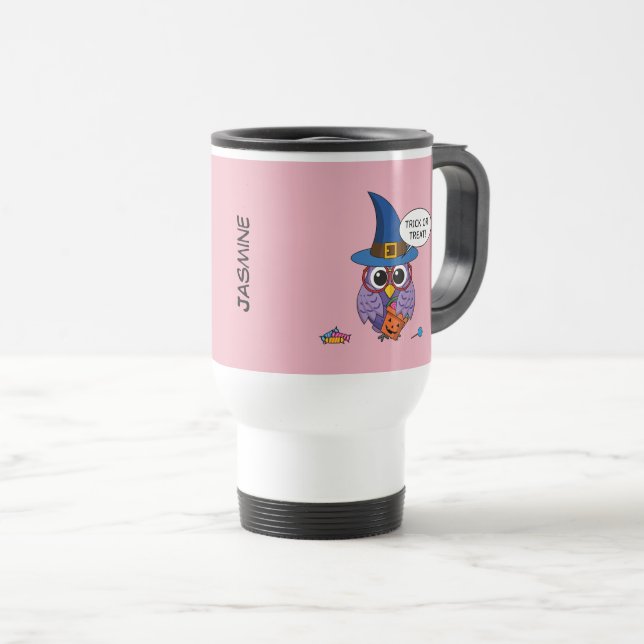 Cartoon Wizard Owl - Trick oder Treten | Name hinz Reisebecher (VorderseiteRechts)