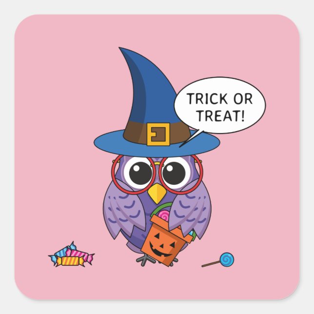 Cartoon Wizard Owl - Trick oder Treten Quadratischer Aufkleber (Vorderseite)