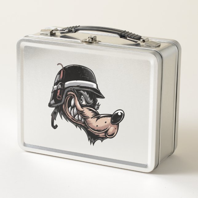 Cartoon Wolf mit Dynamit auf seinem deutschen Helm Metall Lunch Box (Vorderseite)