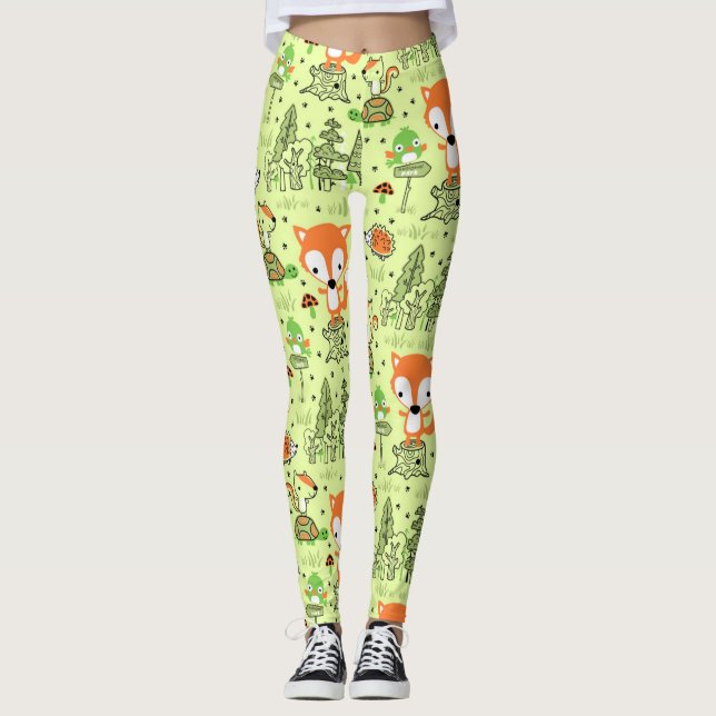 Cartoon Woodland Animals Muster Leggings (Vorderseite)