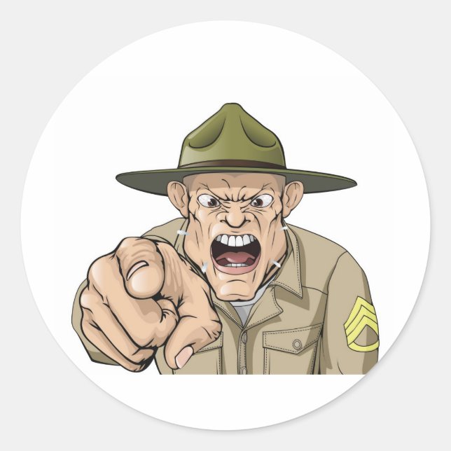 Cartoon wütend bohren sergeant schreien runder aufkleber (Vorderseite)
