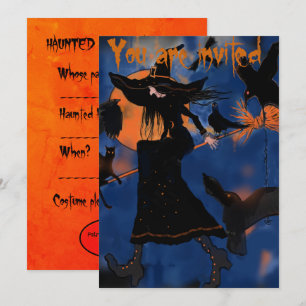 Cartoon Zeichn von Halloween Hexe auf Broom Einladung