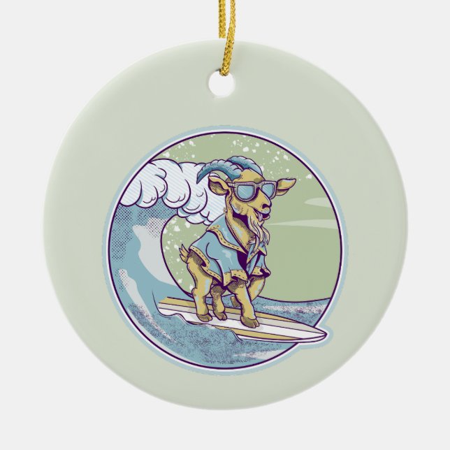 Cartoon-Ziege auf einem Surfbrett Keramik Ornament (Vorne)