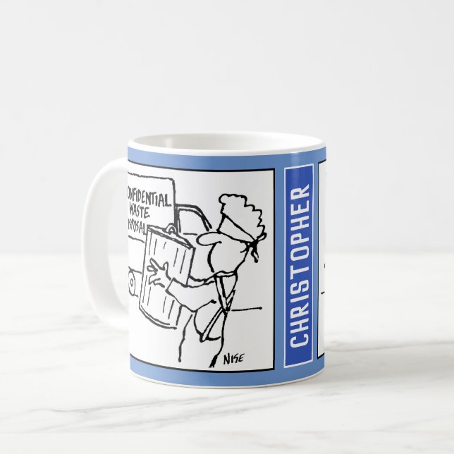Cartoon zur Entsorgung vertraulicher Abfälle. Kaffeetasse (Vorderseite Links)