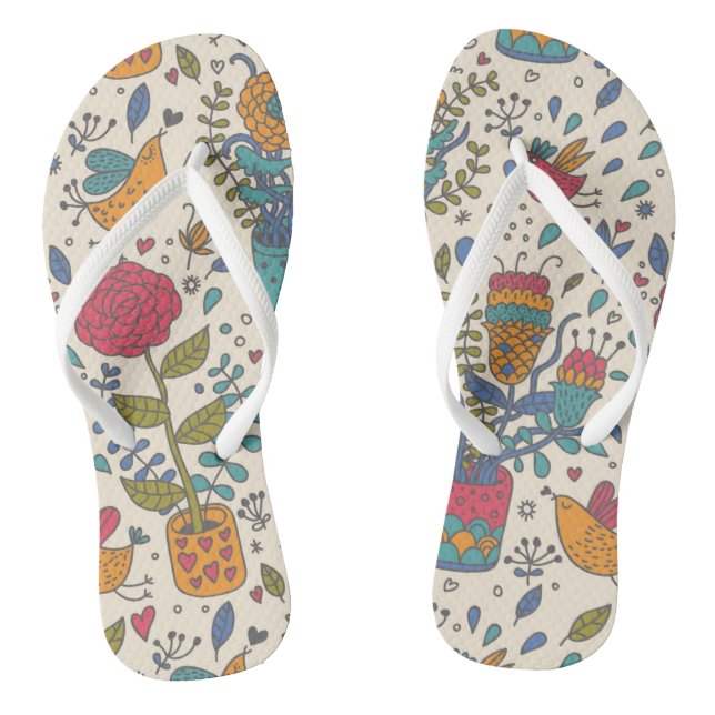 Cartoonblumenmuster mit Vögeln 2 Flip Flops (Fußbett)