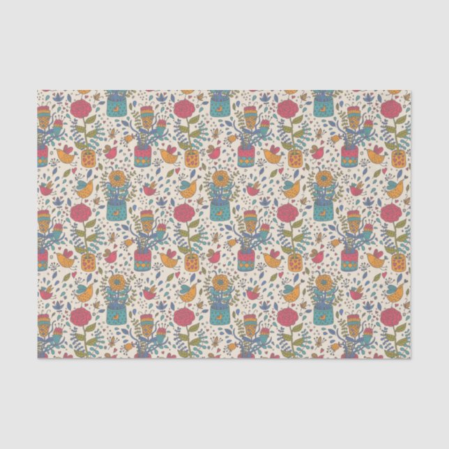 Cartoonblumenmuster mit Vögeln 2 Seidenpapier (Vorderseite)