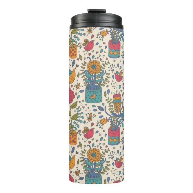 Cartoonblumenmuster mit Vögeln 2 Thermosbecher (Vorderseite)