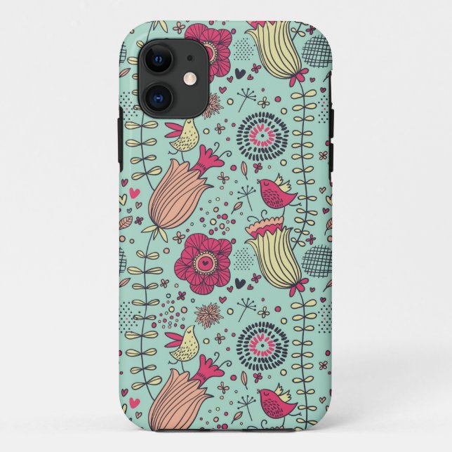 Cartoonblumenmuster mit Vögeln Case-Mate iPhone Hülle (Rückseite)