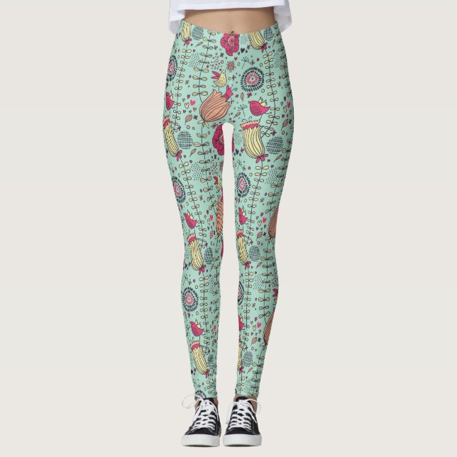 Cartoonblumenmuster mit Vögeln Leggings (Vorderseite)