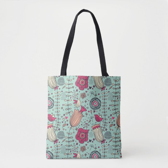 Cartoonblumenmuster mit Vögeln Tasche (Vorderseite)