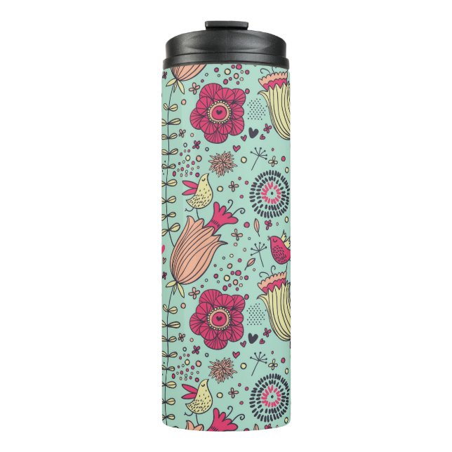 Cartoonblumenmuster mit Vögeln Thermosbecher (Vorderseite)