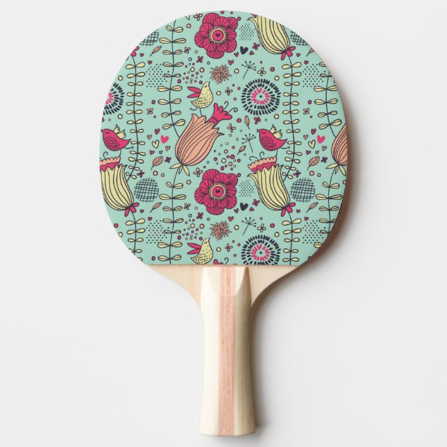 Cartoonblumenmuster mit Vögeln Tischtennis Schläger (Vorderseite)