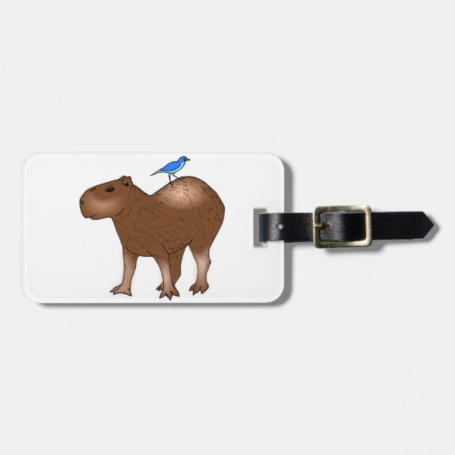 CartoonCapybara mit blauem Vogel auf seiner Gepäckanhänger (Vorderseite horizontal)
