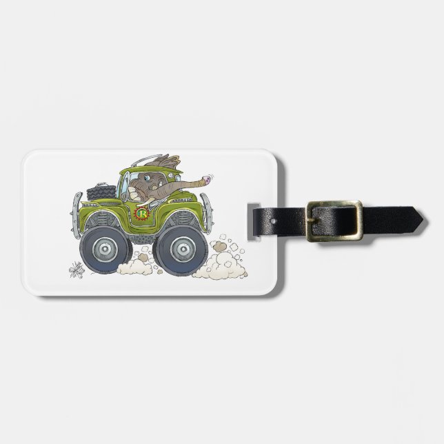 Cartoonillustration eines Elefanten, der einen Gepäckanhänger (Vorderseite horizontal)