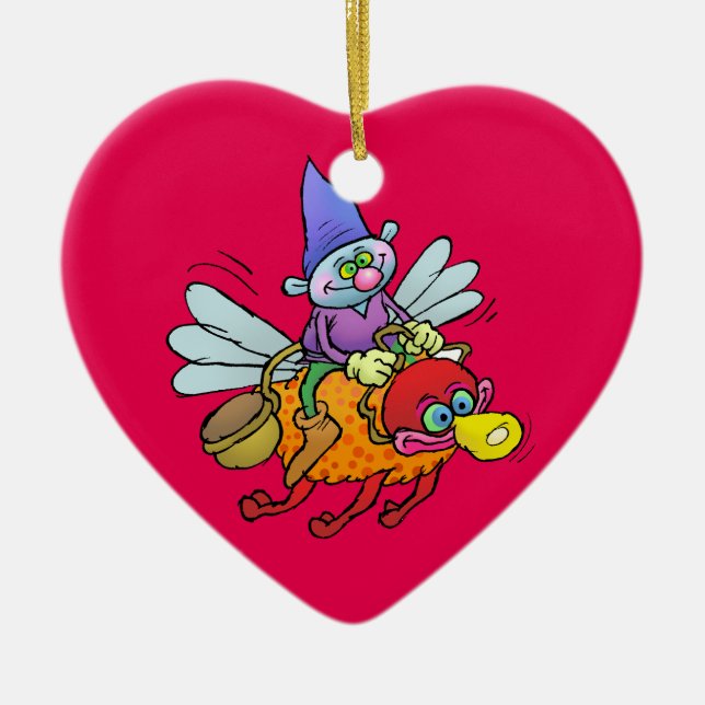 Cartoonillustration eines Gnome, der eine Biene Keramik Ornament (Vorne)
