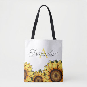 Cartoonish Yellow Custom Monogram Name Sunflower Tasche