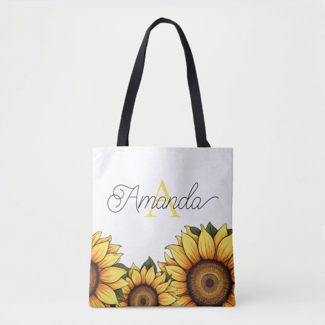 Cartoonish Yellow Custom Monogram Name Sunflower Tasche (Vorderseite)