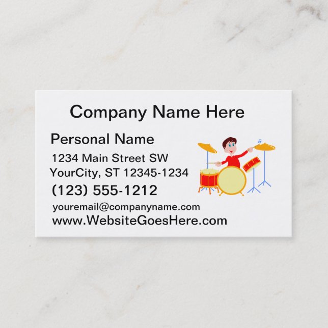 Cartoonjunge, der drumset gezackte Ränder spielt Visitenkarte (Vorderseite)