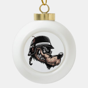 Cartoonwolf mit einem Dynamit auf seinem deutschen Keramik Kugel-Ornament