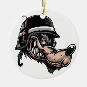 Cartoonwolf mit einem Dynamit auf seinem deutschen Keramik Ornament