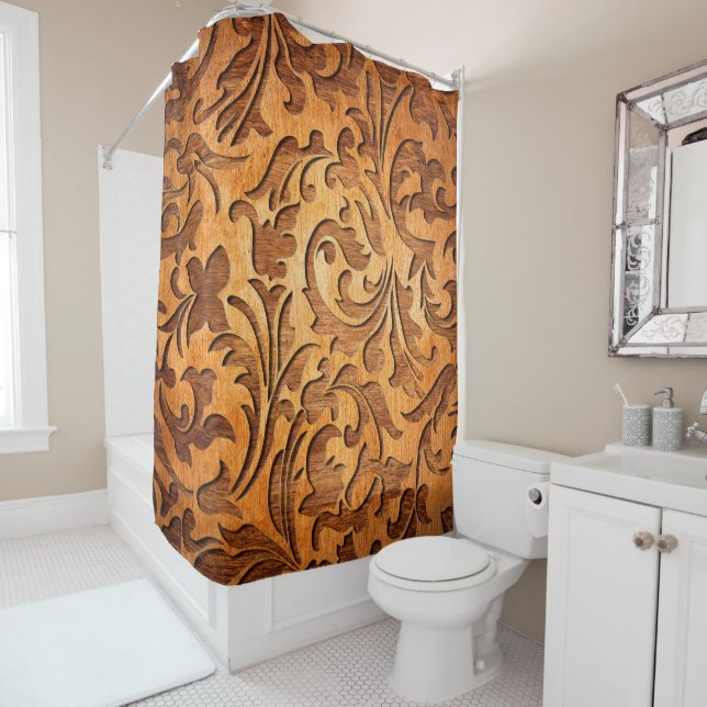 Carved Brown Wood Oriental Floral Duschvorhang (Beispiel)