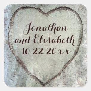 Carved Heart Birch Tree Gastgeschenk Hochzeit Quadratischer Aufkleber